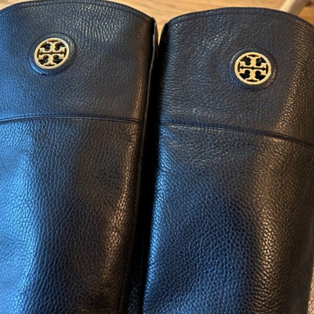 Tory Burch Black Leather Tall Riding Boots with Gold Logo - Picture 13 of 14